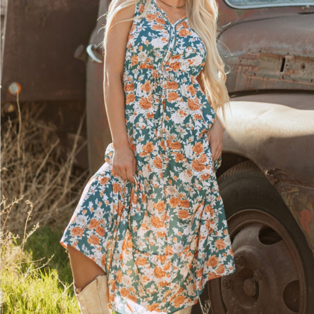 Dusty Green Floral Tiered V Neck Maxi Dress